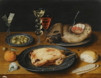 Still Life of a Roast Chicken, a Ham and Olives on Pewter Plates with a Bread Roll, an Orange, Wineglasses and a Rose on a Wooden Table by Osias the Elder Beert